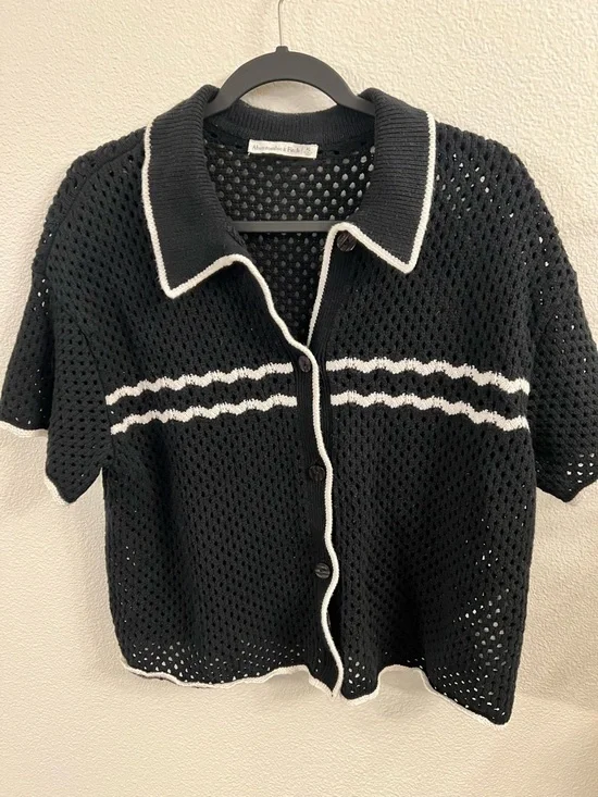 Abercrombie Knit Polo Cardigan XL Black White Cropped Open Knit - Picture 2 of 4